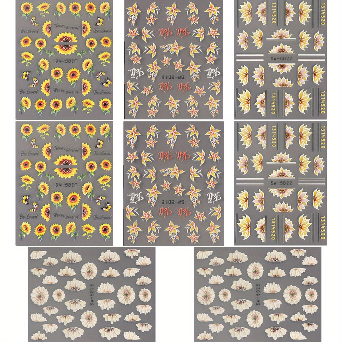 TEMU 8pcs 5d Embossed Sunflower Nail Art Stickers, Summer Flower Nail Art Decals For Nail Art Decoration, Self Adhesivenail Art Supplies For Women And