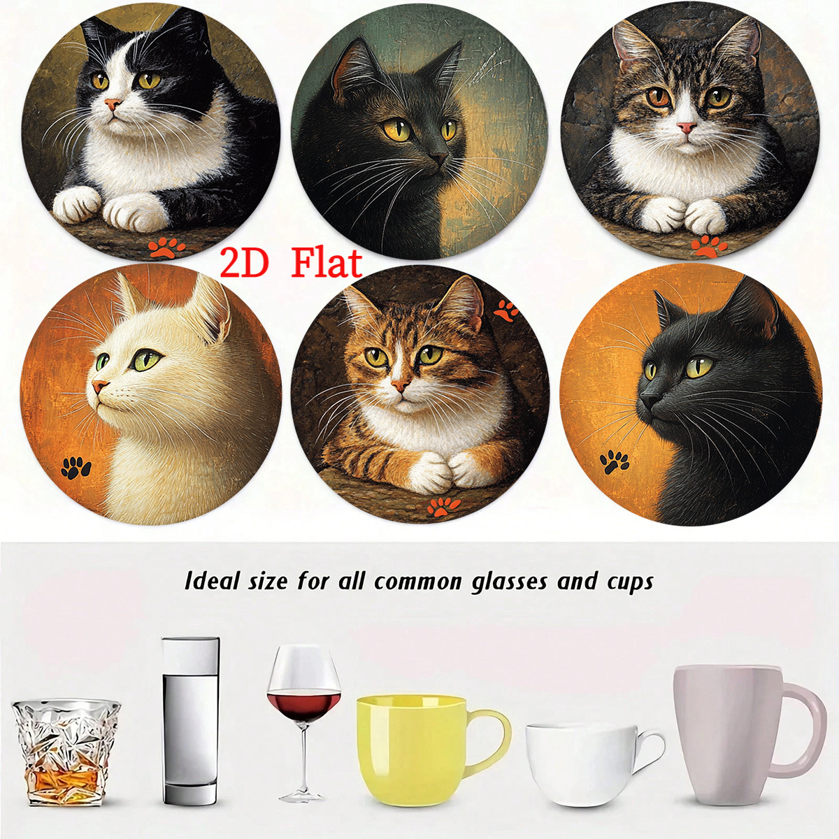 TEMU 2d Flat Printing/6pcs Vintage Cat Pattern Wooden Coasters, Coasters, Suitable For Home Gatherings, Restaurants, Themed Parties, Cafes, Ideal For
