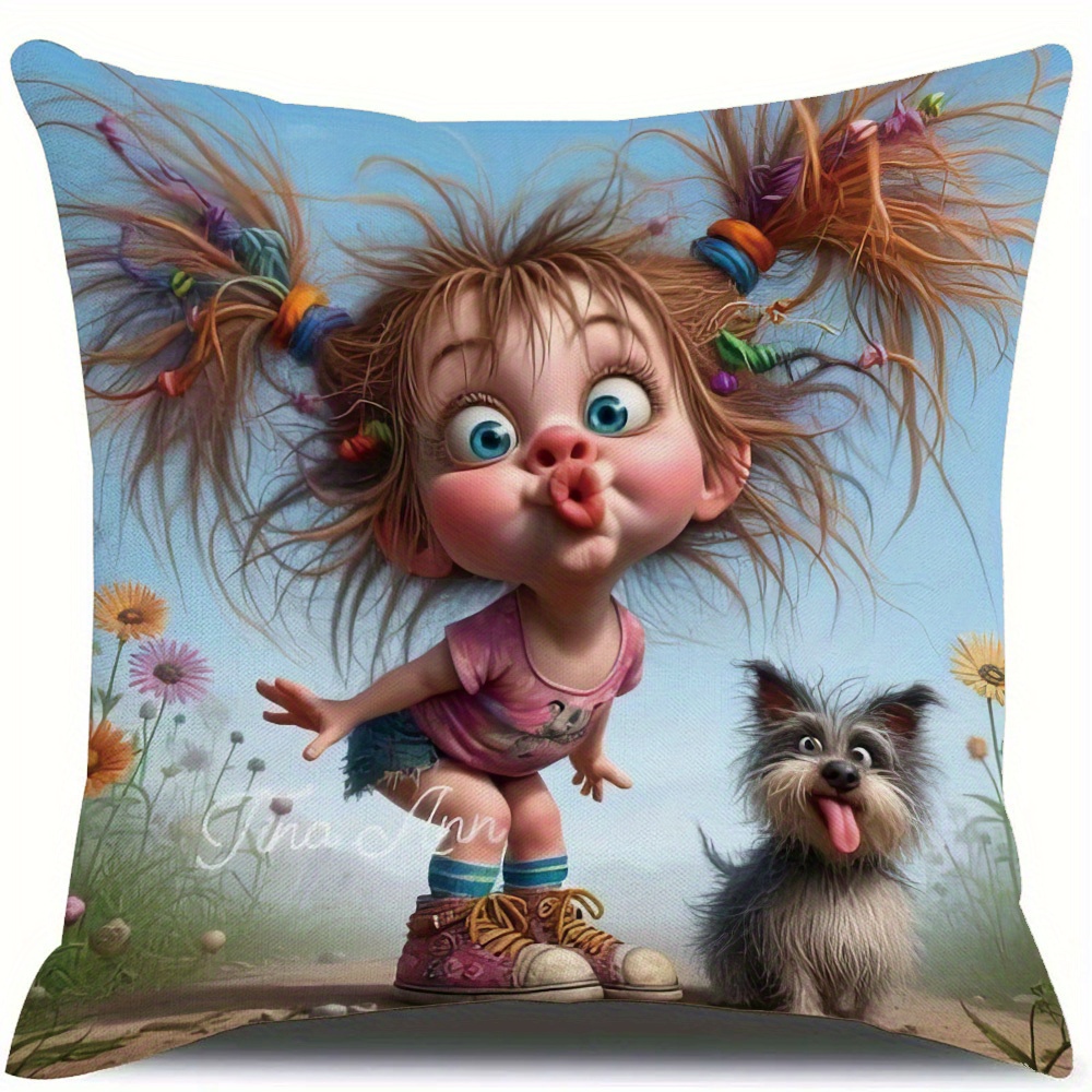 TEMU 2d Flat - A Cute Cartoon Pillowcase Featuring A Girl And A Puppy, Providing You With A Experience. A Decorative Cushion Cover , Suitable For