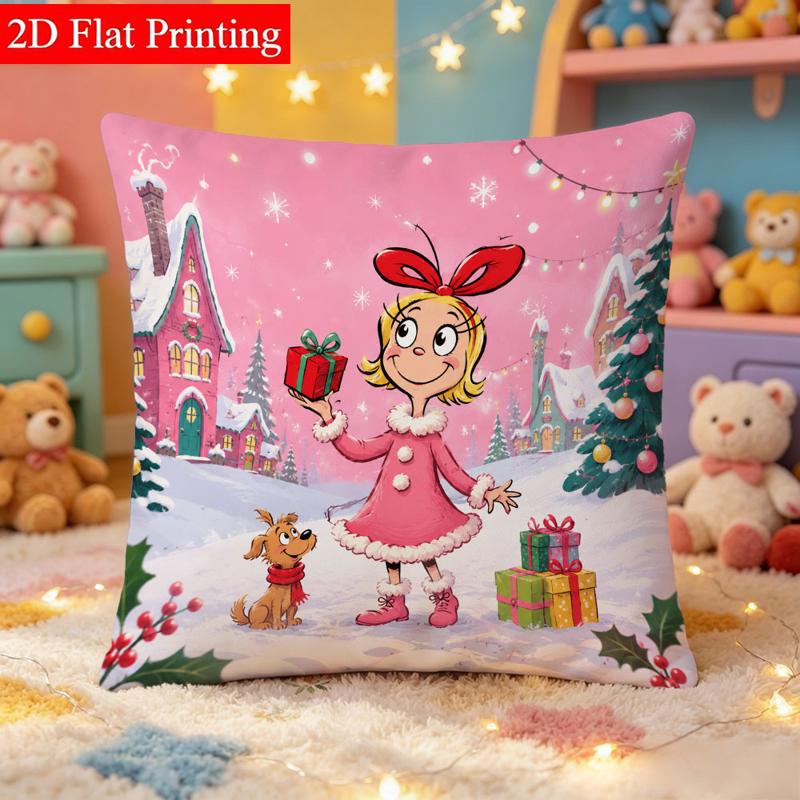 TEMU Taie d'oreiller de Noël, 45*45 Imprimée Double Face, Motif Fille & Chien & Boîtes Cadeaux, Douce et Décorative pour Chambre, Ambiance Festive