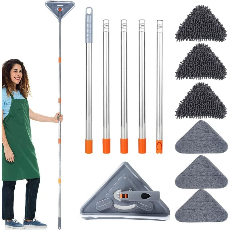 Triangular Cleaning Mop Sets Adjustable Length 360° Rotating Head For Cleaning Wall Ceiling Floor Window-5x Stainless Steel Rods+1xcleaning Head+3x Chenille Pads+3x Microfiber Pads