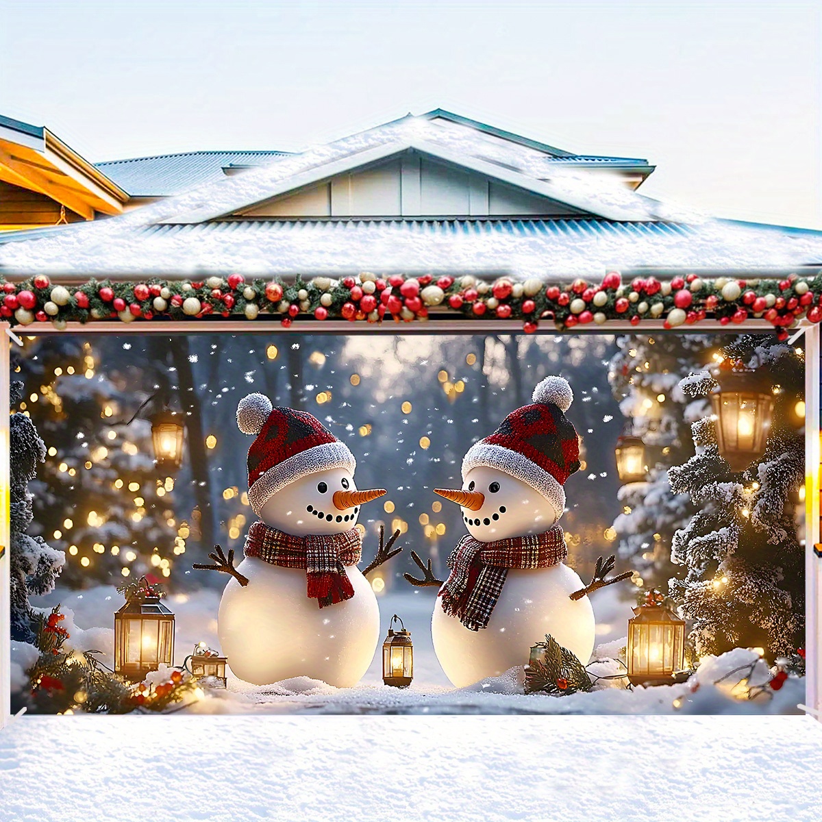 

Large Snowman Christmas Garage Door Banner - Polyester, Winter Scene Decoration For Holiday & New Year's Parties, 71x157 Inches Holiday Decorations, Best For Christmas