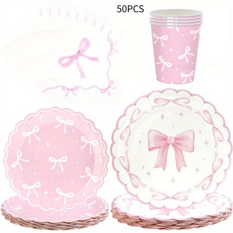 50pcs, Pink Bow Paper Plate Set, Includes Pink Bow Plates, Paper Napkins And Paper Cups, Decorative Bow Dinner Plates Suitable For Birthdays, Bachelorette Parties, Bridal Showers, Table Decorations