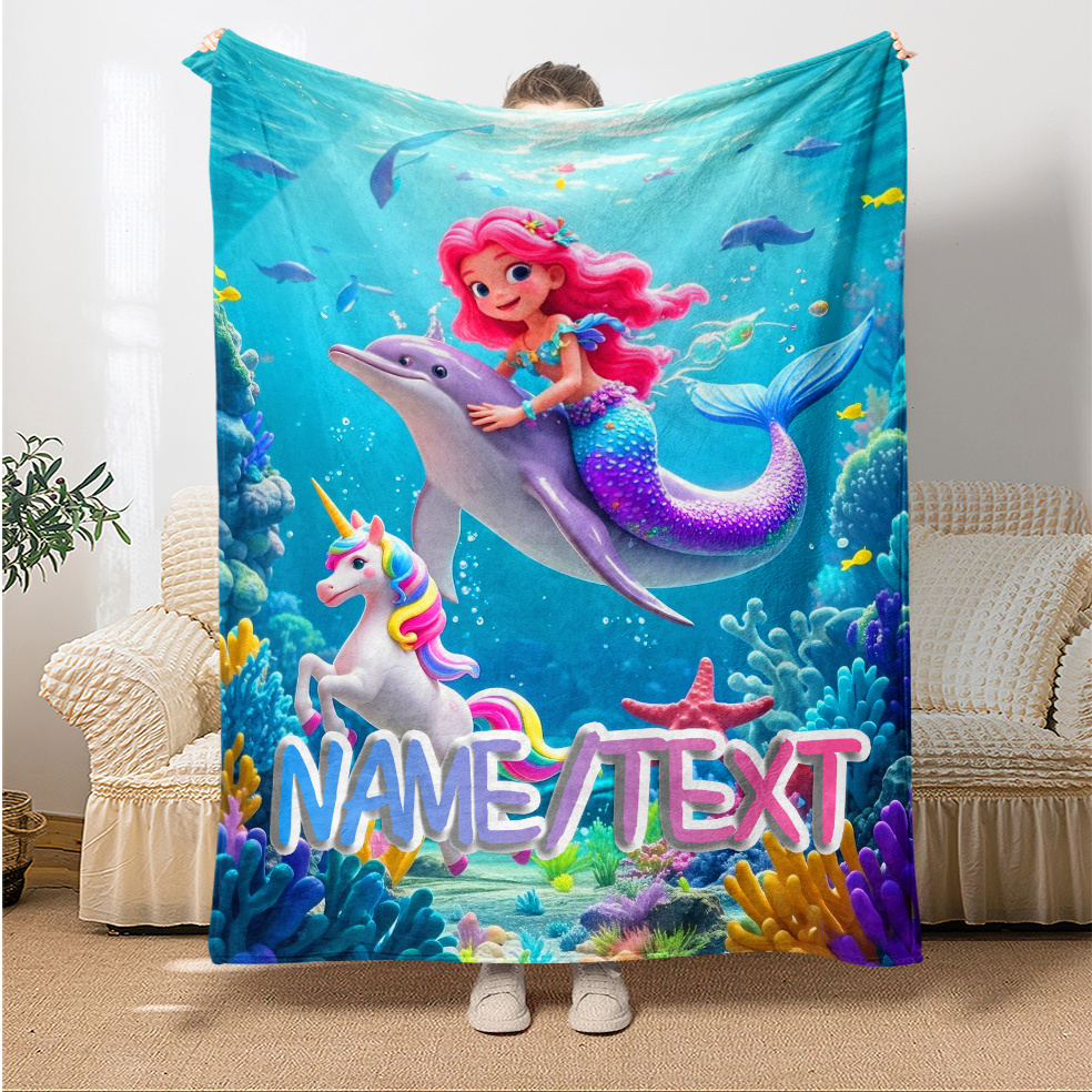 TEMU Custom Name Little Mermaid And Unicorn Blanket - Soft, Lightweight Flannel Blanket With Vibrant Colors, Suitable For Sofa, Bed, And Travel -