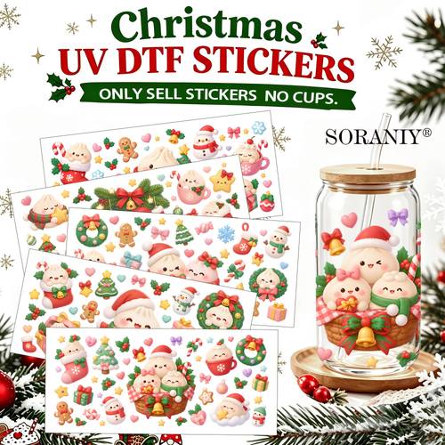 5pcs uv dtf transfer featuring colorful santa hats gifts wreaths and scarves patterns suitable for the exterior of 16 ounce cups used for diy decoration on smooth like vases phone cases and storage boxes 2d