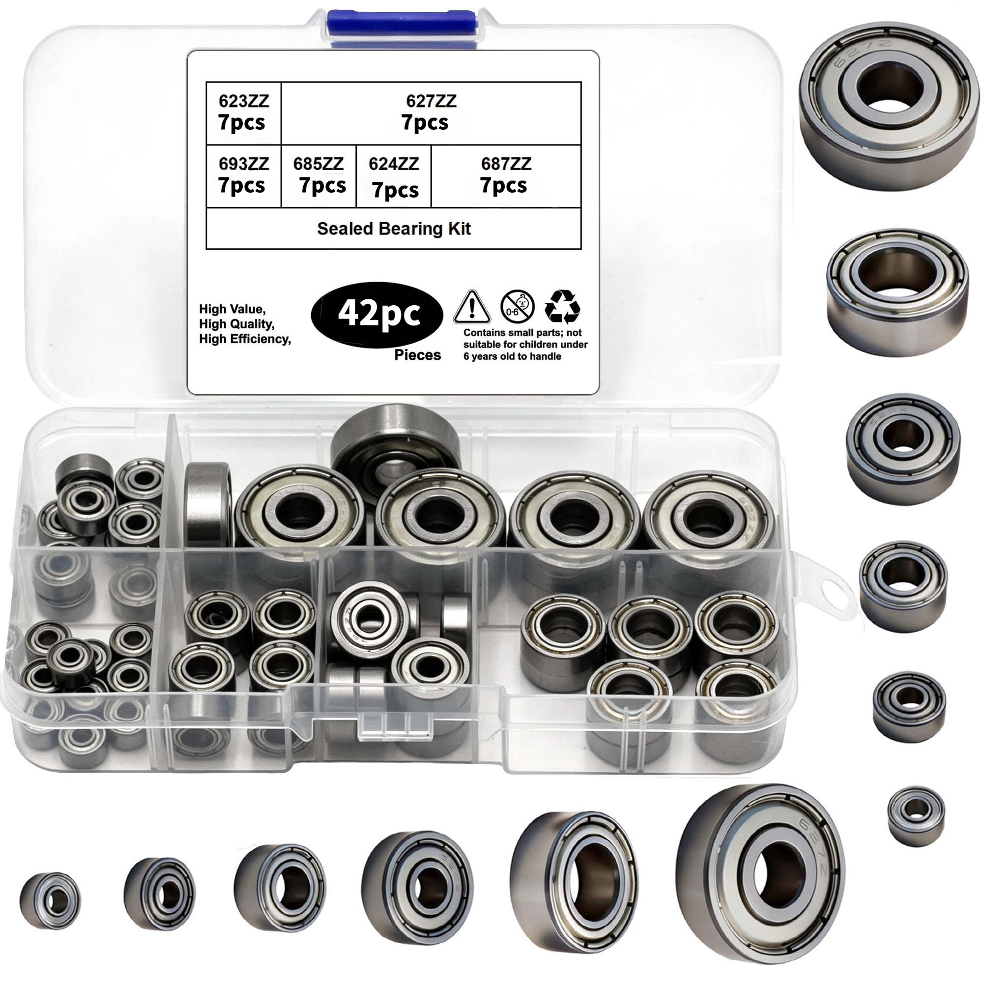 TEMU 42pcs 6-size Deep Ball Bearing Assortment Kit (42pcs 1-set) (693zz 623zz 624zz 685zz 687zz 627zz) Carbon Steel Dual Shielded Dustproof