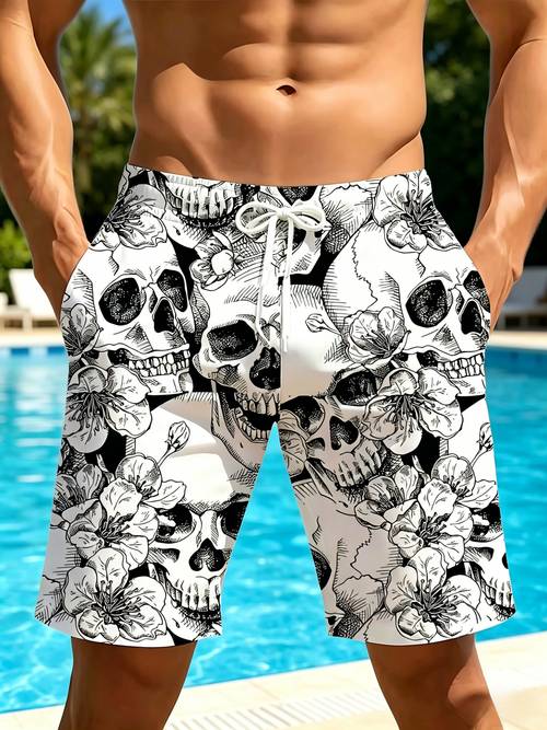new mens quick dry swim trunks with full skull print lightweight drawstring beach pocket shorts suitable for surfing swimming vacation summer swimwear machine washable regular fit casual mens swim trunks loose summer style