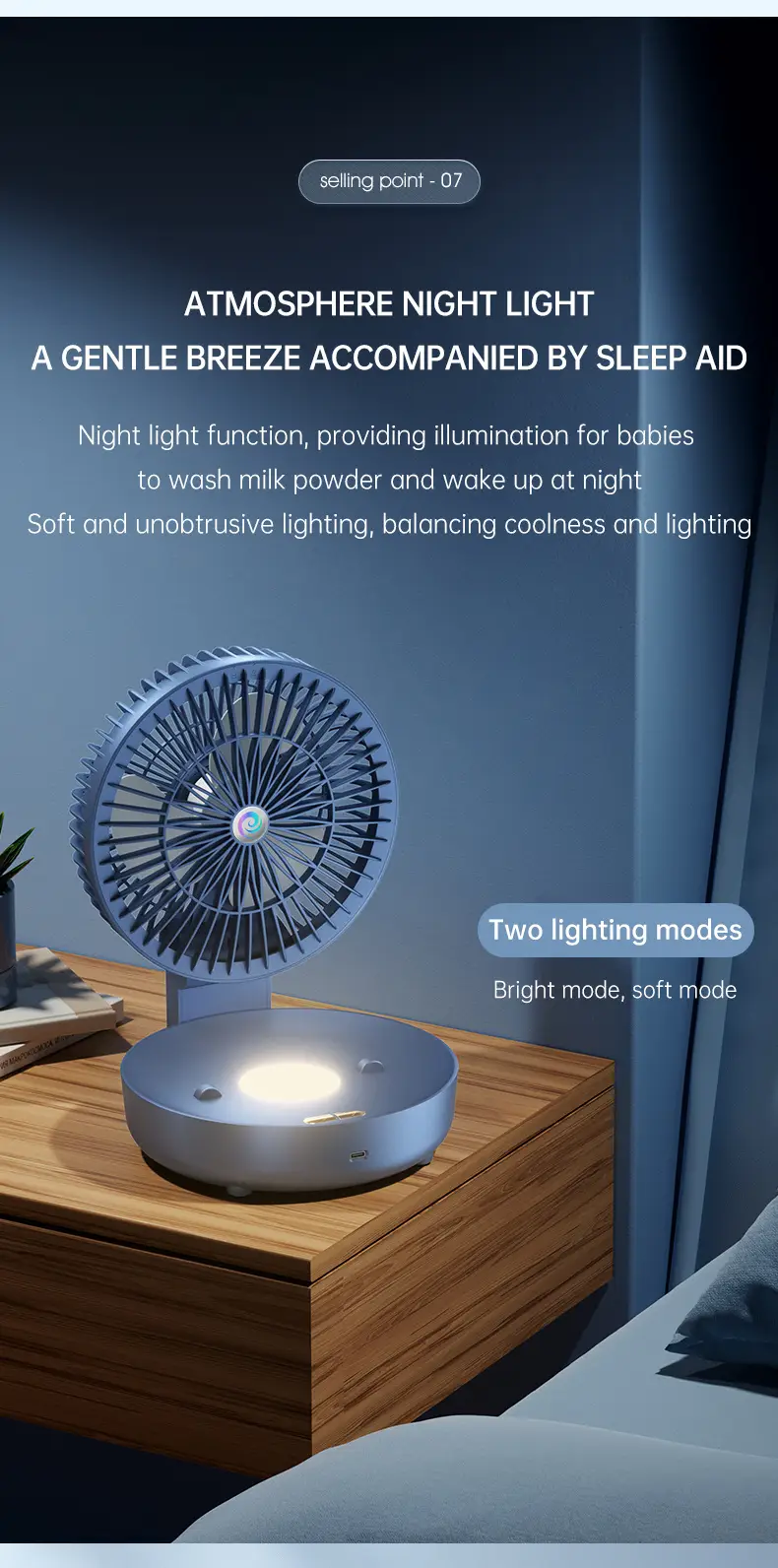 usb rechargeable desk fan with night light wall mountable quiet 1200mah lithium battery ideal for makeup office outdoor multi scene use portable fan details 9