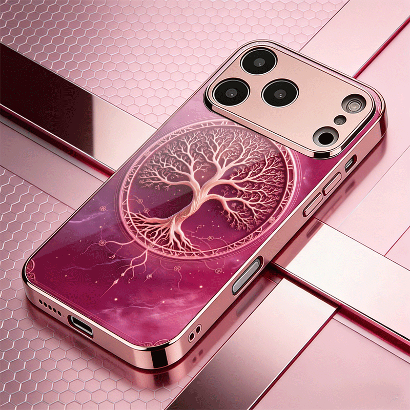 TEMU Phone Case - [2d Flat] Life Tree Illustration Patterned Phone Case Sleek Rose Golden Chrome-end Glass Case For Iphone 17 Pro Max/16 Pro/15