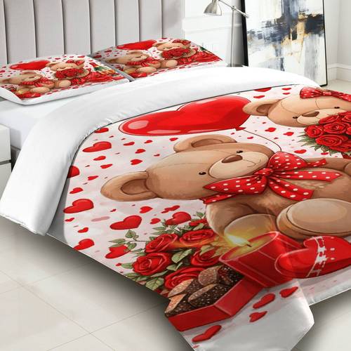 3pcs duvet cover set 1 duvet 2 pillowcases without filler teddy bear heart rose romantic celebration theme valentine s bedding set cozy warm suitable for decoration bedroom living room hotel
