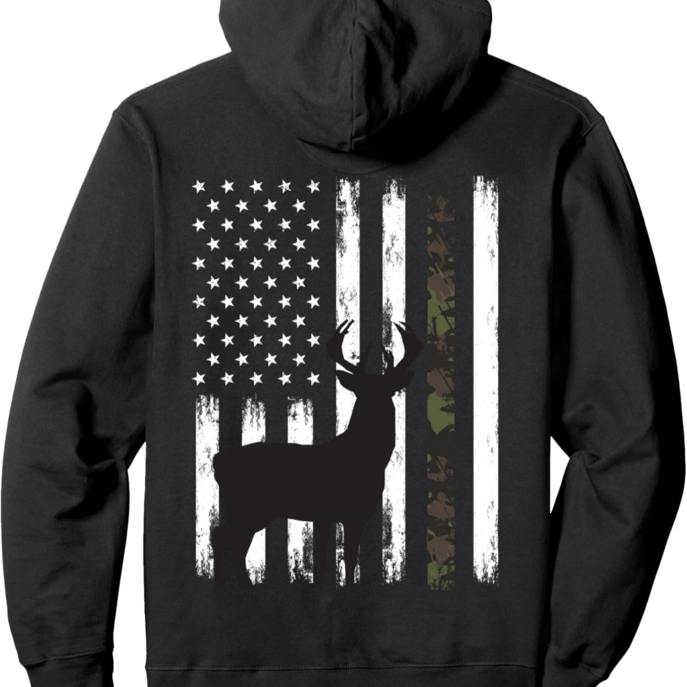 

White- Deer , Stag Camouflage American Flag Jumper - Back Print - Stylish Cut With Front Pocket, Warm And Comfortable For Wear