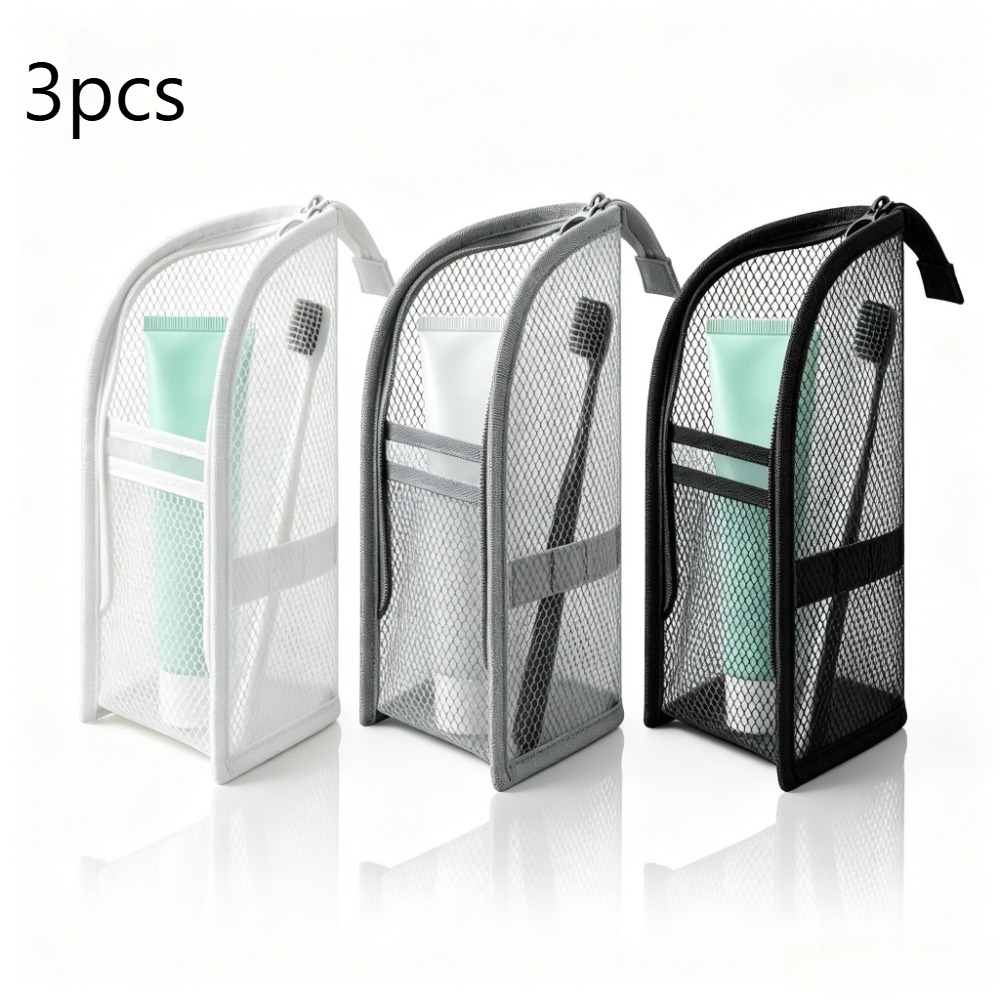 TEMU 3pcs Self-standing Storage Bags, Large Capacity Multi-functional Vertical Makeup Bag, Portable Toiletry Bag For Travel And Business Trips, Used