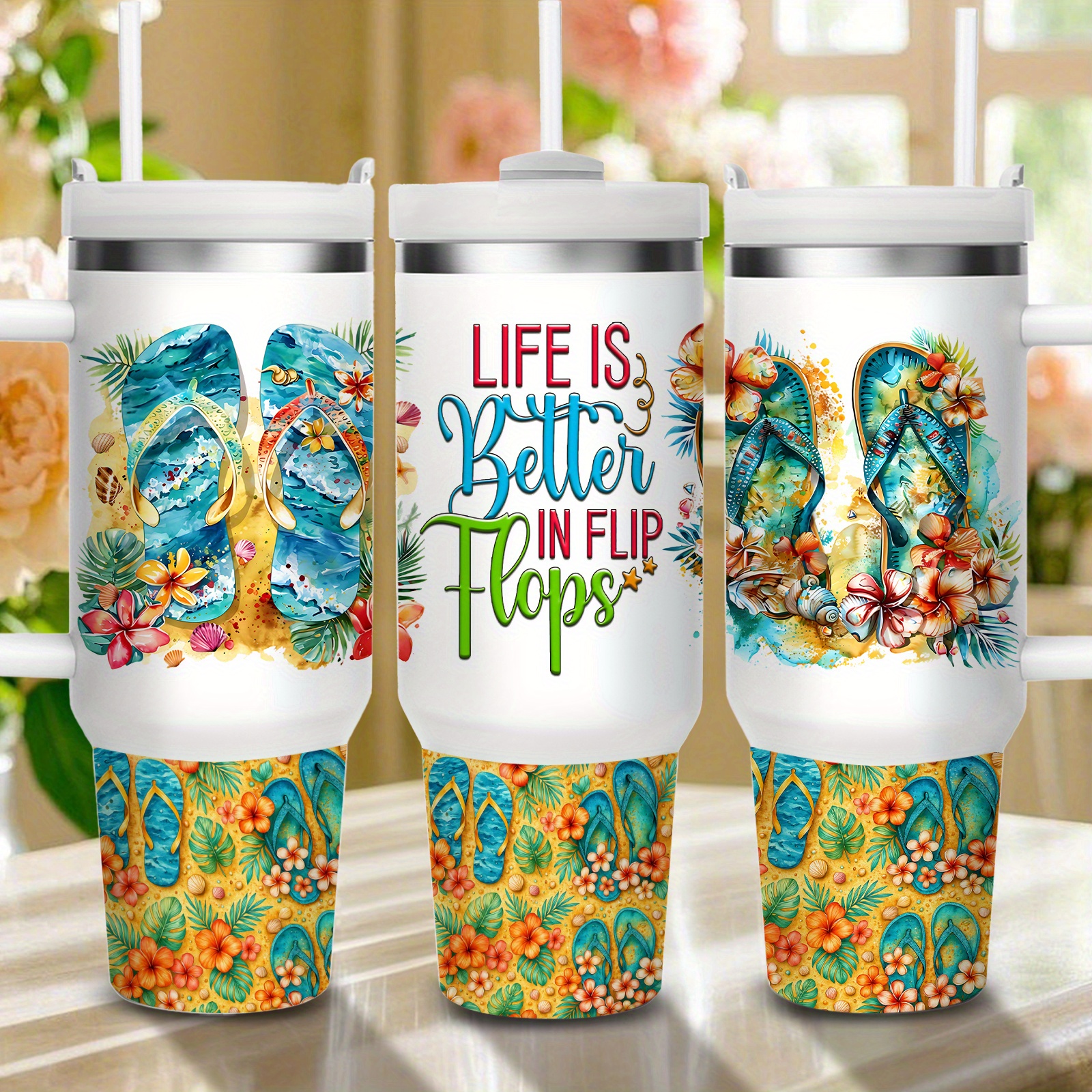 TEMU 1pc 40oz Insulated Coffee Mug With Straw - In Flip Flops Summer - Durable, Portable Travel Or Vacation Use