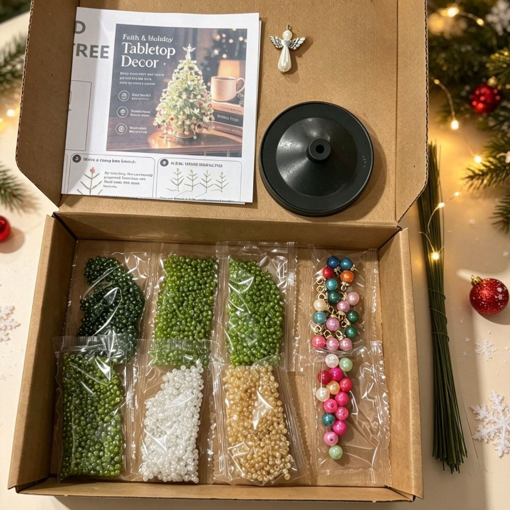 TEMU 1pc Handmade Diy Beaded Mini Christmas Tree Craft Kit With Beads & Base - Colorful Beaded Tabletop Tree Suitable For Christmas, New Year
