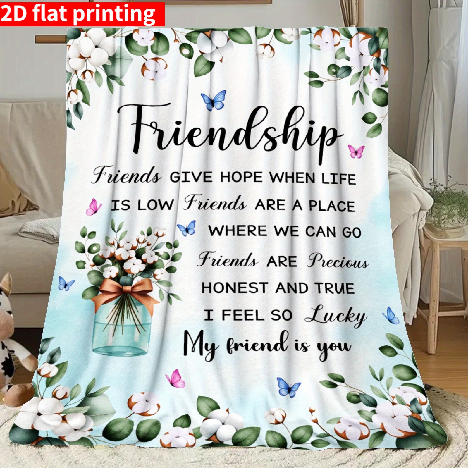 TEMU 2d Flat Printing, 1pc Best Friend Blanket Soft Flannel Warm Gift With Floral Friendship Message, Letter Friendship Design Women's Birthday