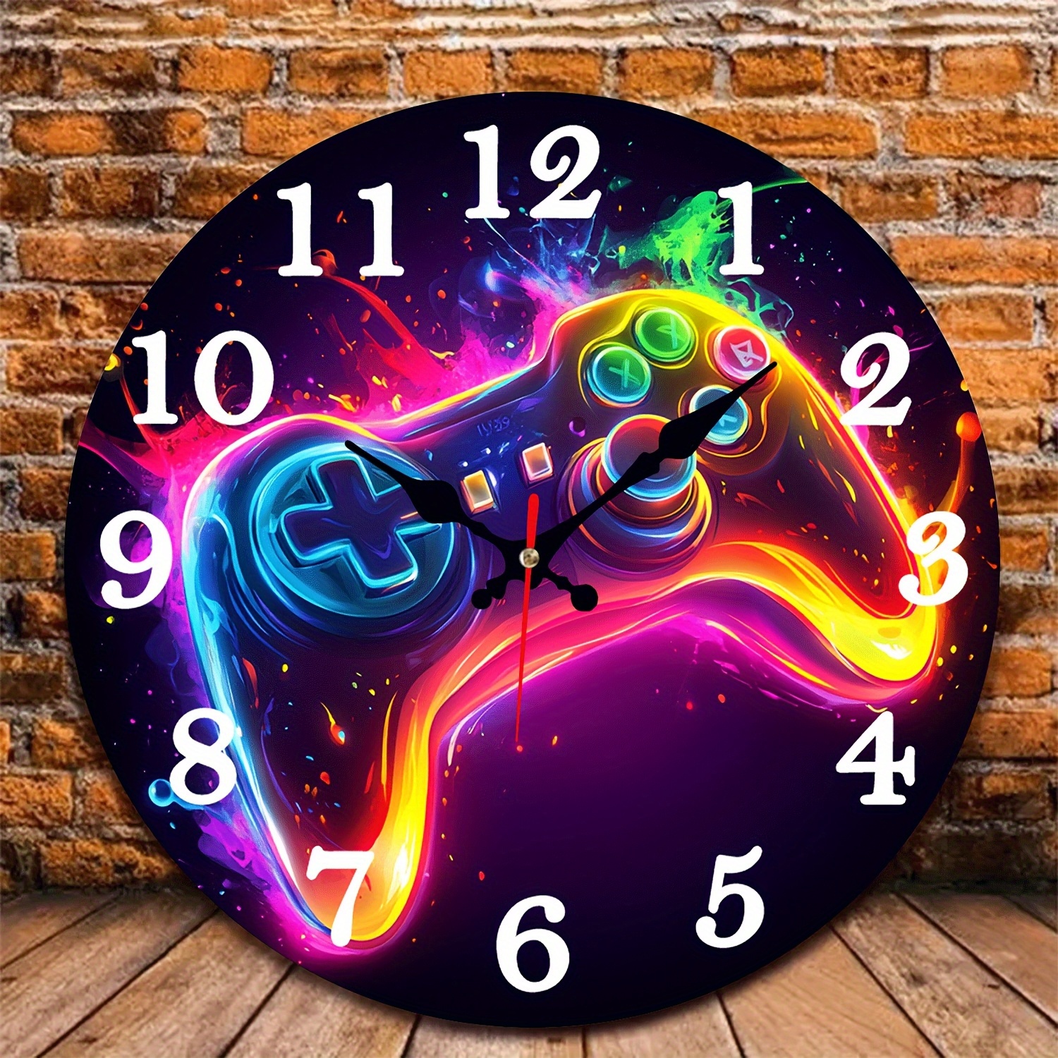 TEMU 1pc Neon Controller Art Wall Clock Decoration, 10inch Wooden Round Wall Clock, Digital Display, Wall Clock Battery Powered, Home, Kitchen,