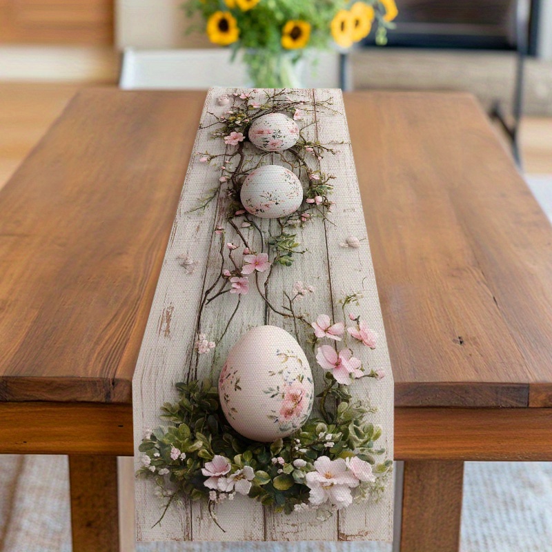 1pc Home, Kitchen, Dining Table, Table Flag Cloth, Table Additions, Tableware, Table Fabric, Easter - Themed, Floral Embellished Easter Eggs Pattern, Spring Decor For Festive Ambiance