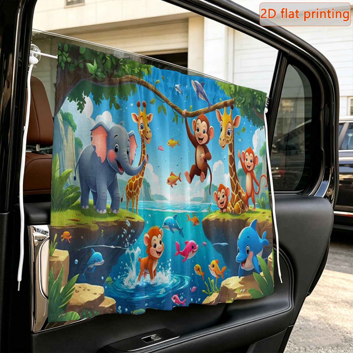 TEMU 1pc 2d Flat Cute Animal Paradise Printed Car Sunshade, Suction Cup Style (additions Included), , Adjustable Rope, Fits Most Car Models, Suitable