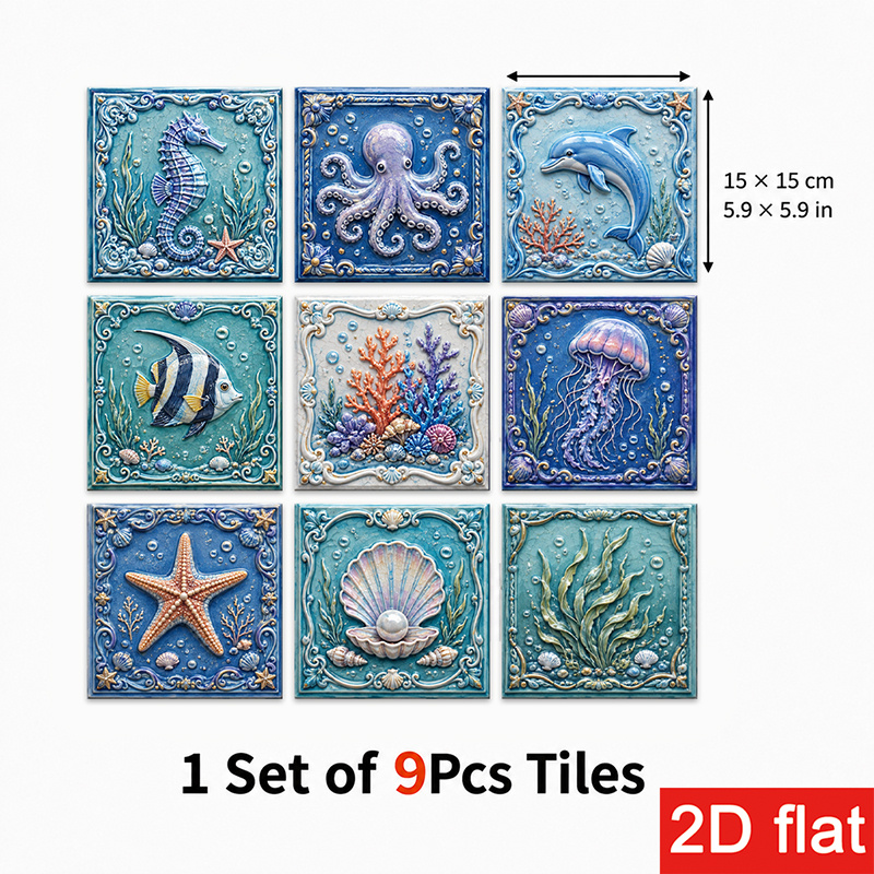 TEMU Autocollants de carreaux d'ardoise 2D plats 9 pièces 15x15cm (5.9x5.9in) Premium - Carreaux muraux et coller avec océaniques éclatants pour