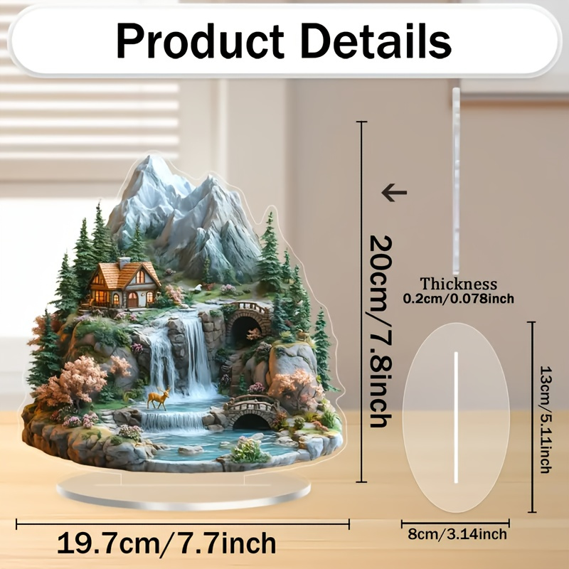 

2d Flat Acrylic Mountain Cottage Decor With Waterfall And Landscape - Ideal For Desk, Perfect Birthday Gift, Battery-free, Holiday Decoration