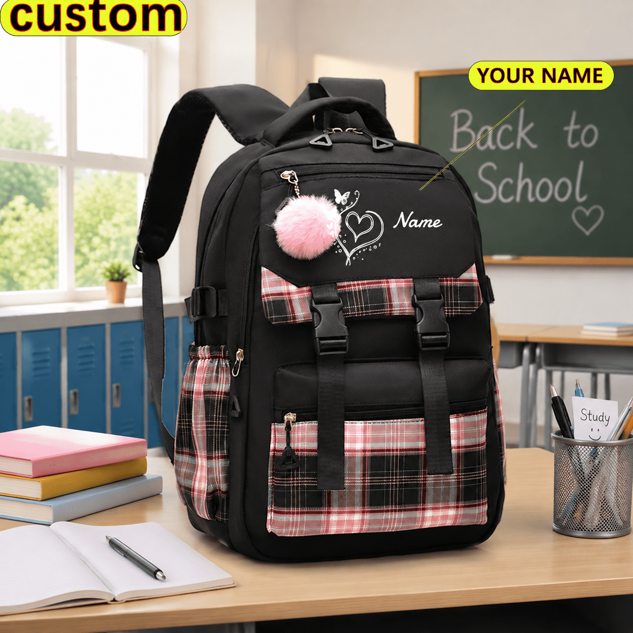 TEMU Nouveau sac à dos décontracté pour femmes - Nom personnalisé et motif , bretelles réglables, fermeture éclair - légère, sac à livres grande ,