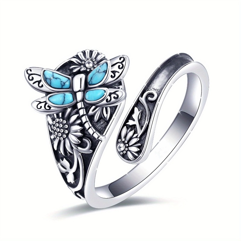 Image of Adjustable Spoon Ring Featuring A Flower And Dragonfly Design, Perfect For Women To Wear On Casual Days, Parties, Or Holidays; A For Fairy Enthusiasts