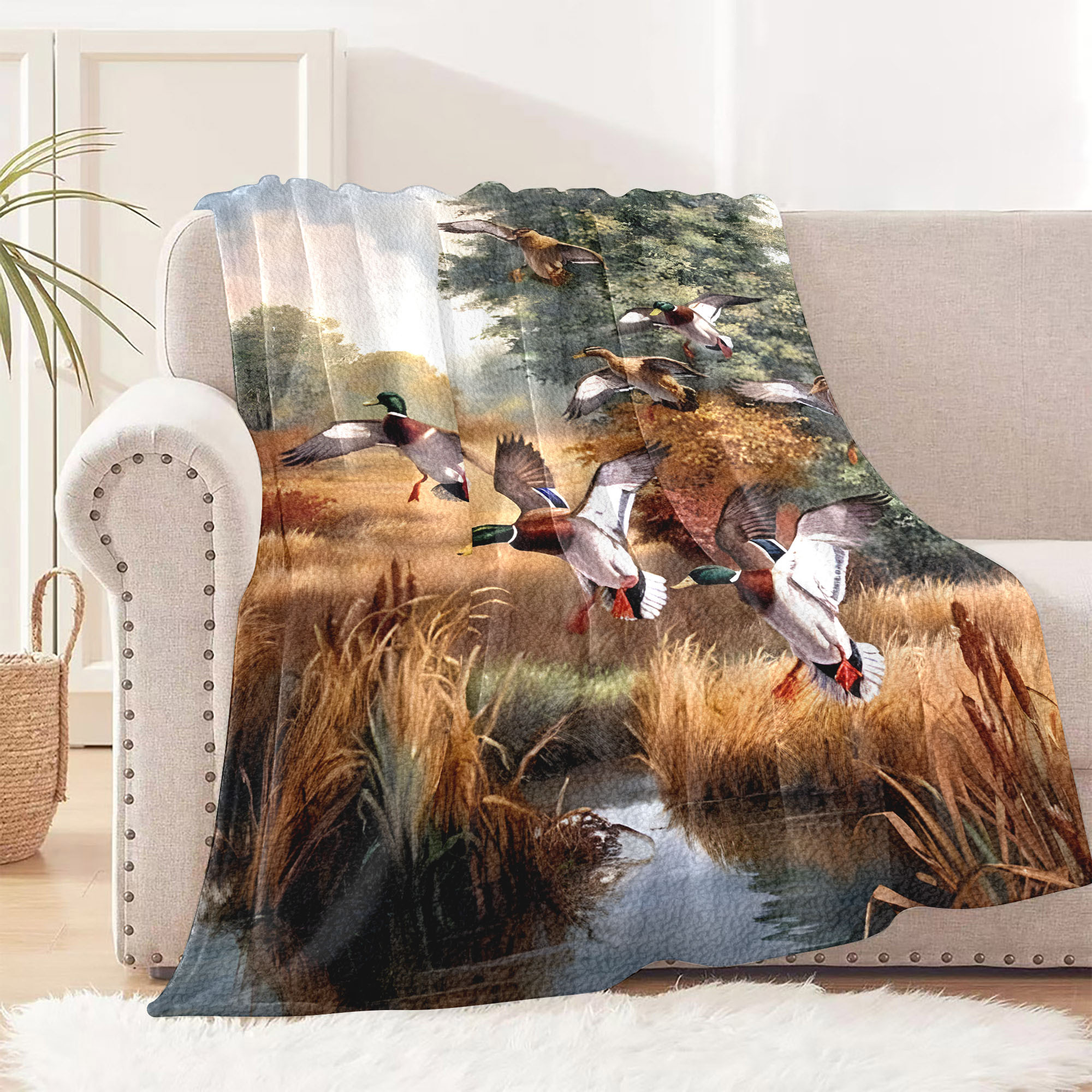 contemporary duck hunting pond design flannel throw blanket hypoallergenic   cozy bedding multipurpose travel camping throw   polyester with ideal gift for   details 4