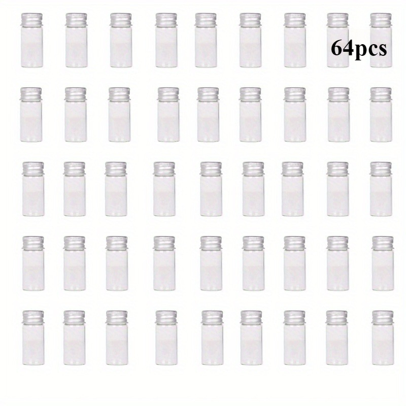 Image of 64pcs 22 * 50mm, 10ml, Glass Small Bottle, Small Can With Aluminum Screw Cap, Sealed Top, Metal Cap, Clear Label, Sample Bottle, Storage Beads, Wedding Gift Decoration, Diy Handicrafts, Storage