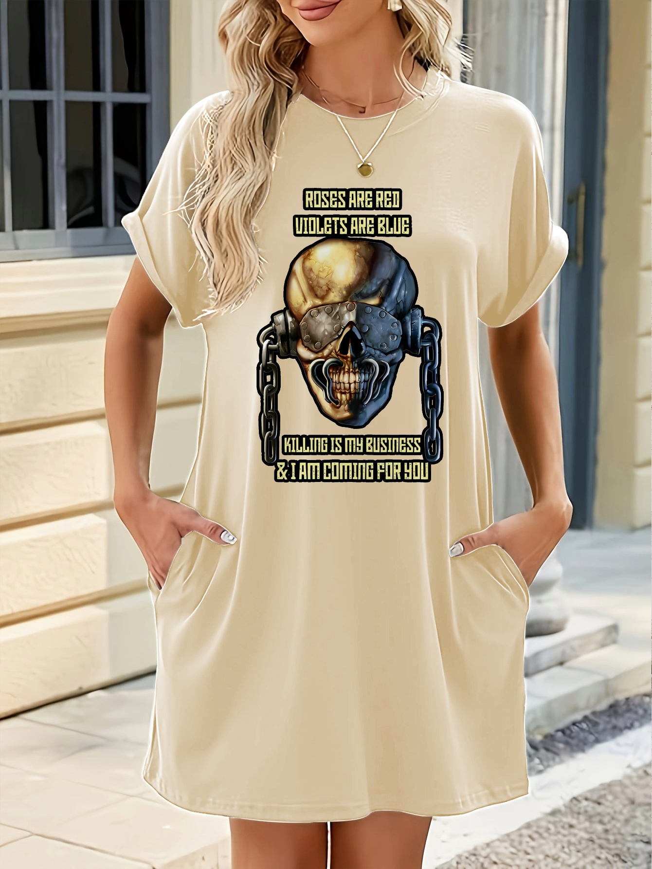 skull print t-shirt dress, short sleeve v neck double pockets