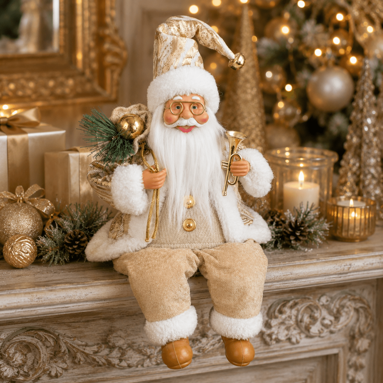 TEMU Santa Claus Decorative Ornament, Color Scheme Santa, Holding Decorative Horn, Shoulder And Back Gift Bag, Standing Or Sitting , Suitable For