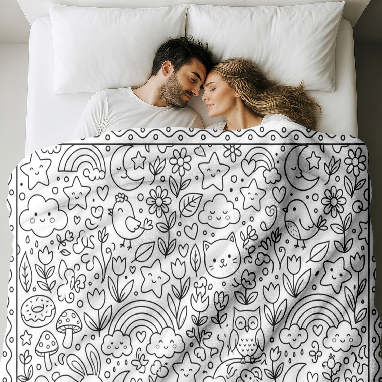 TEMU Diy Colorable Forest Animal Flannel Throw Blanket, Black And White Doodle Whimsical , Soft And Comfortable Air Conditioning Blanket