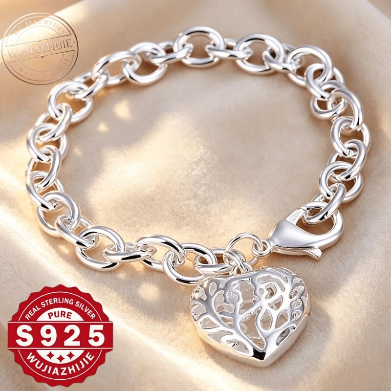 TEMU Wujiazhijie S925 Sterling Silver Chunky Cable Chain Bracelet, Hollow Heart Charm Dainty Jewelry Gift For Women Anniversary Birthday