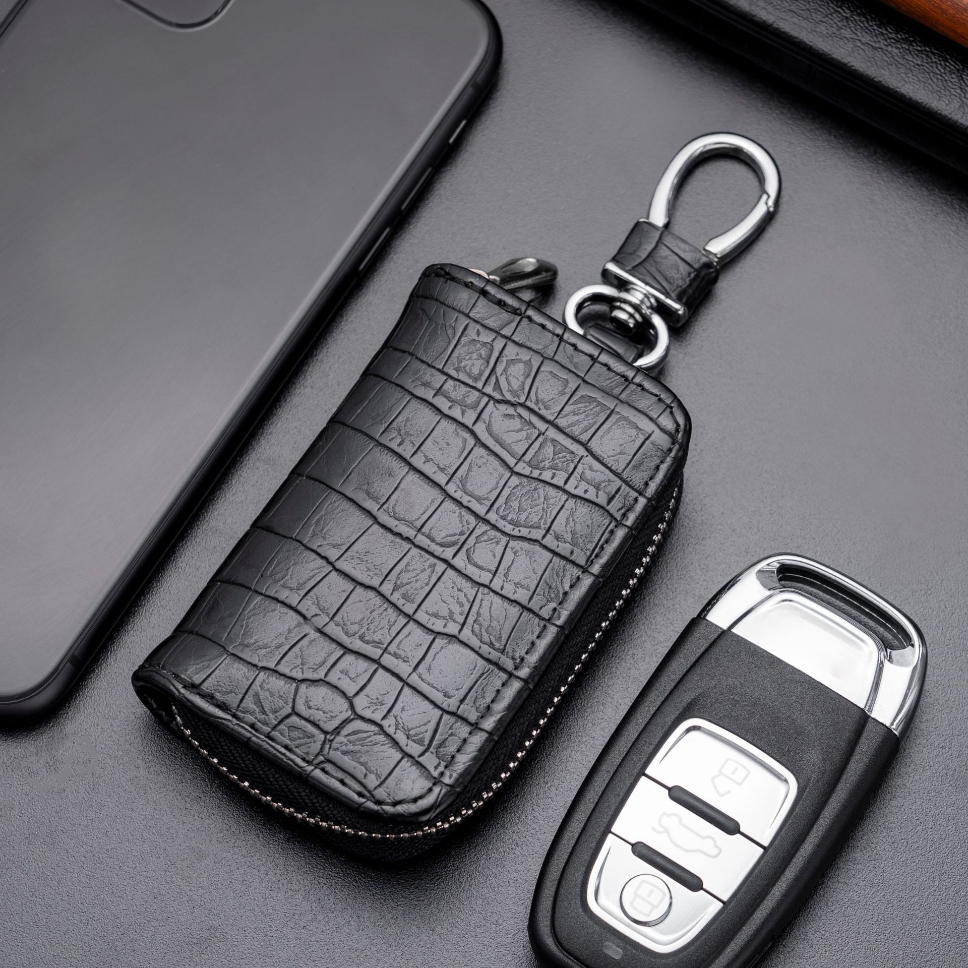 TEMU Fashion Crocodile Pattern Men's Key Bag Business Universal Car Key Bag Pu Zipper Waist Pouch Car Key Protector