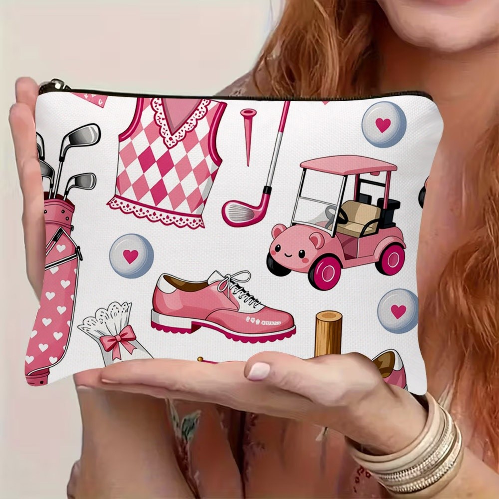 TEMU 1pc 2d Flat Cute Pink Golf-themed Print Cosmetic Bag, Made Of Durable Polyester, Zipper Closure Double-sided Pattern, Multifunctional Toiletry