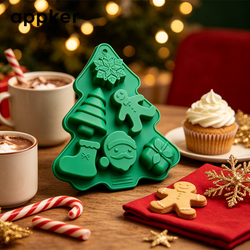 TEMU Appker Christmas Silicone Candy Mould, 6-cavity Xmas Tree Shape Mold For Chocolate, Gingerbread For Man, Santa, Sock, Gift Box, Diy Baking, Ice