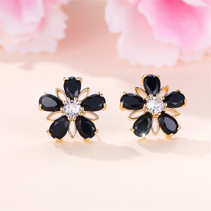 TEMU Elegant Golden Teardrop-shaped Black Stone Stud Earrings With A Floral And Snowflake Design, Perfect For Valentine's Day And Christmas Gifts,