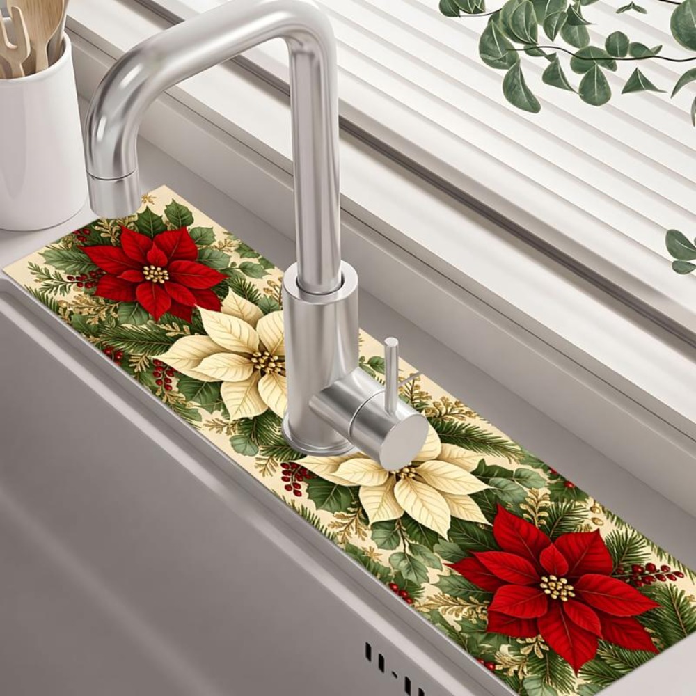 TEMU Festive Christmas Poinsettia Pattern Polyester Dish Drying Mat, Red & Cream Floral With Green Foliage Golden Accents, Holiday Themed Kitchen