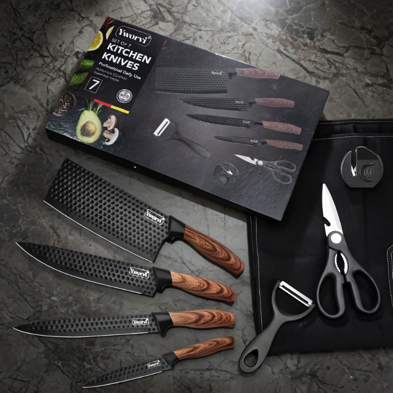 professional kitchen knife set high carbon stainless steel   chef knife combination chef knife and slicing knife   scraper scissors and whetstone suitable for family travel gift box with anti stick ergonomic pp handle