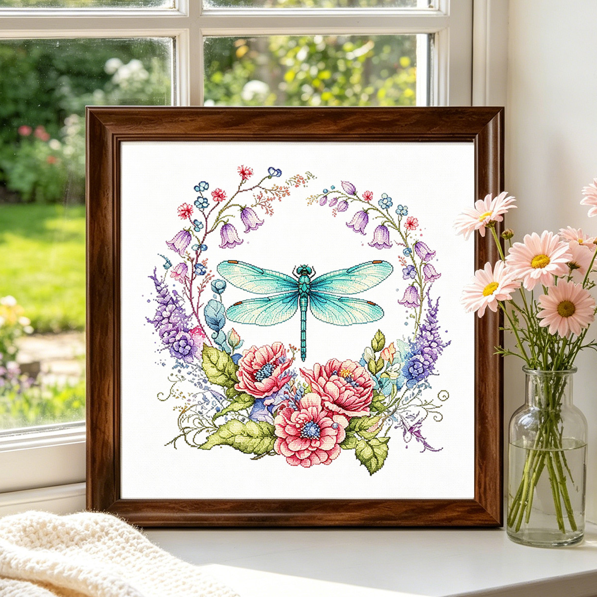 Printed Cross-Stitch Kit Dragonfly Floral Pattern, Starter Kit