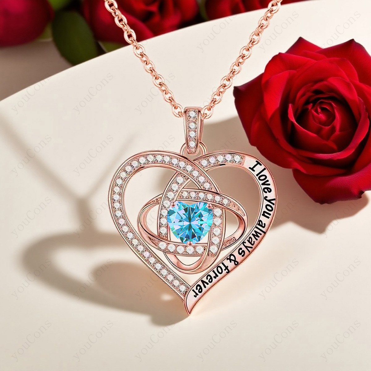 Women's Delicate Light Blue Synthetic Zirconia Heart-Shaped Pendant Necklace, Gift Box Included