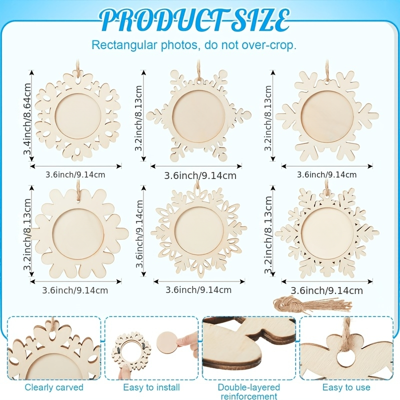 TEMU 6pcs 1 Set Artificial Wood Material Unfinished Christmas Frame Decorative Wooden Shard Set, Including Wooden Snowflake Ornaments And Christmas
