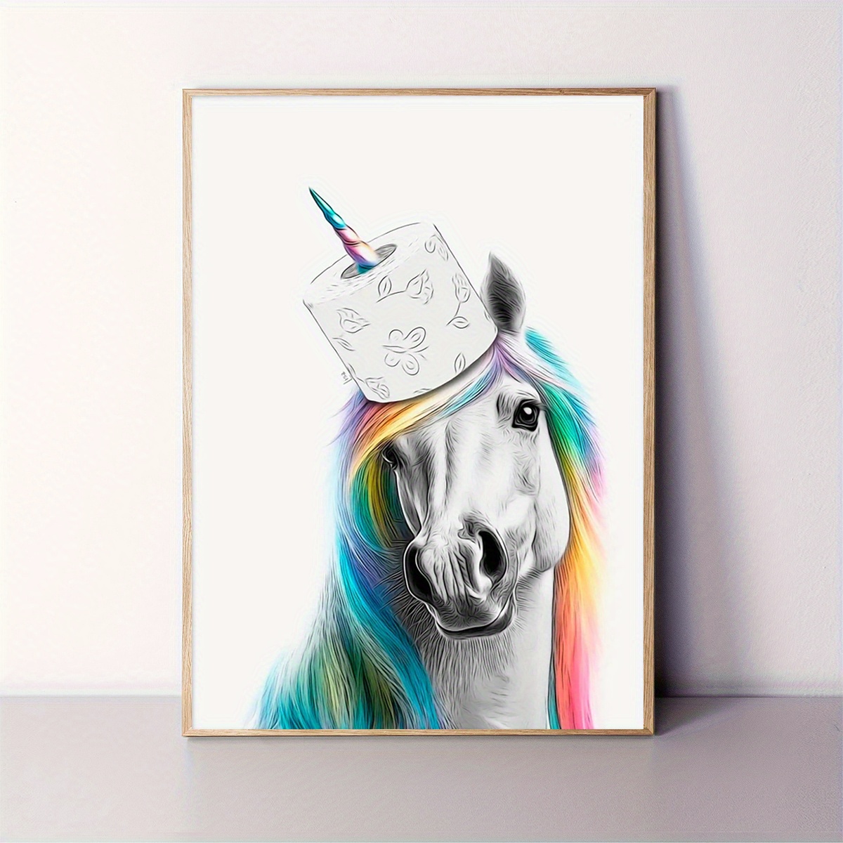 2d Flat, [2d Flat] 1pc Whimsical Unicorn Canvas Art Print 30.48x40.64cm - Frameless, Mane & Toilet Design, Ideal For Bathroom, ' Room, Home Office Decor, Wall Hanging Artwork, Unicorn