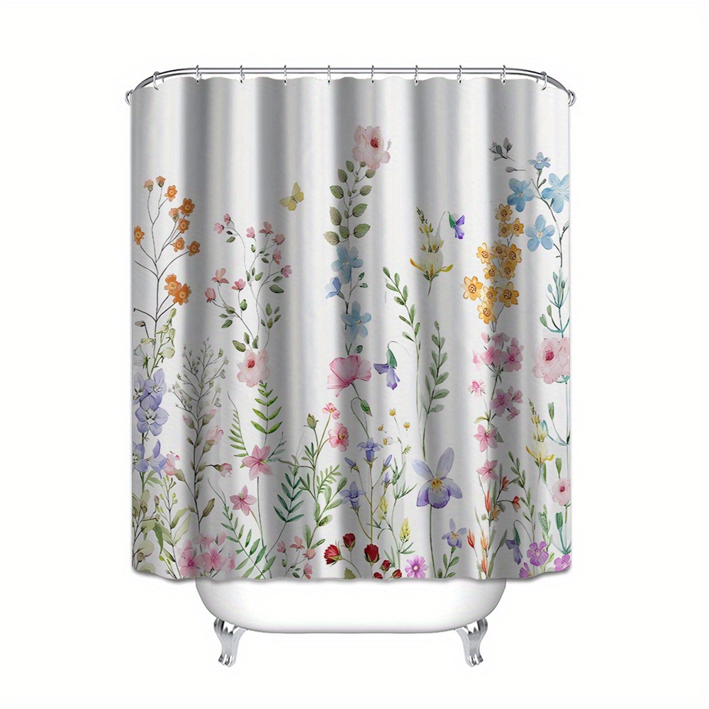 Decoreagy Duschvorhang-Set Mit Aquarell-Blumenmuster, Niedlich, Lila, Blaugrün Und Orange, Blaue Blumen, Badezimmer-Vorhänge, Kunst-grüne Blätter, Wildkräuter, Badvorhang, Wasserdichter Stoff Mit 12