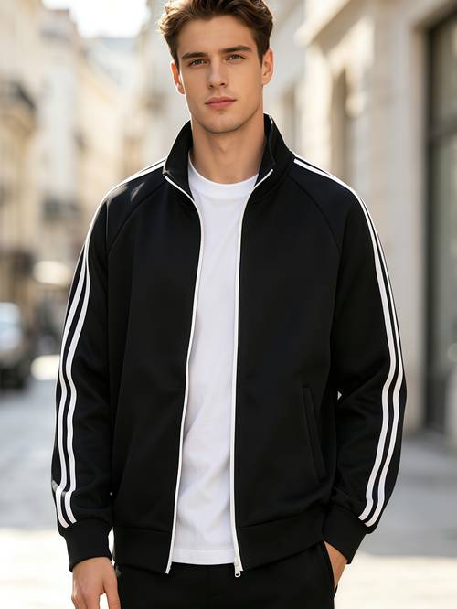 2026 sweatshirt mens fashion casual jacket easy stand collar design with three parallel stripes on sleeves chest with vertical letter decoration comfortable and versatile style for daily and light sports