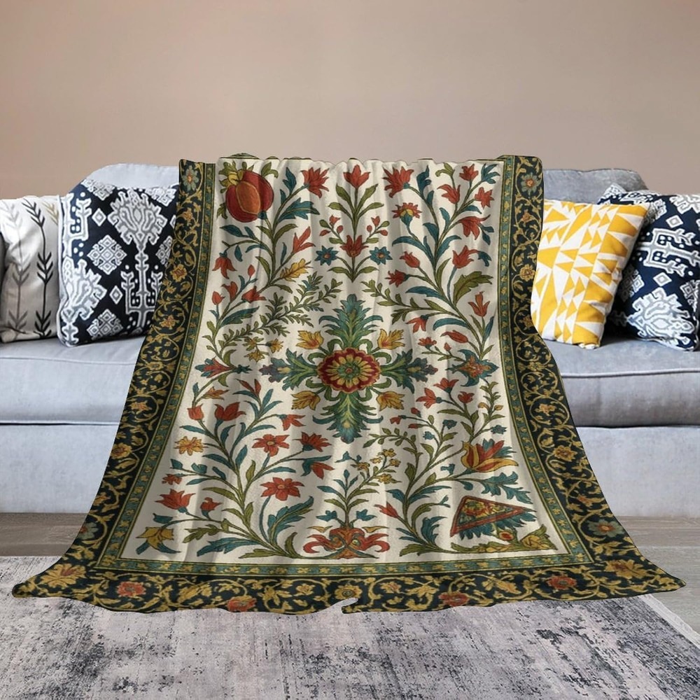 TEMU Persian Flannel Throw Blanket Retro Middle Eastern Traditional Floral Mandala Pattern Soft Blanket Suitable For Home Sofa Bed Sofa Chair Travel