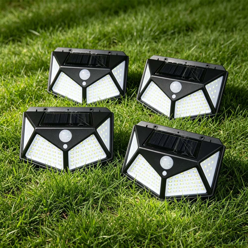 TEMU 4pcs Sensor Outdoor Street Lights, 100led Solar Wall Lights, Abs Material Solar Rechargeable Lanterns, Wide Lighting Angle Floodlights, 3 Modes