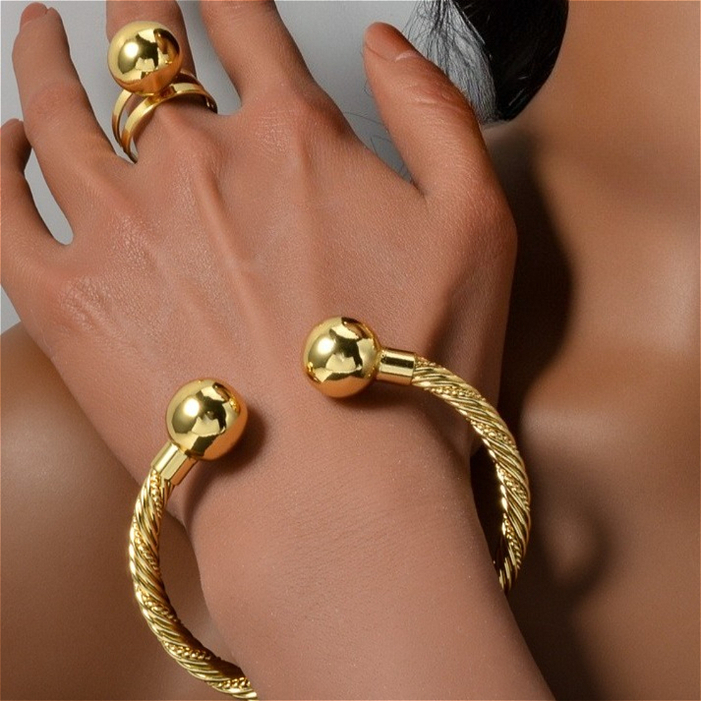 Retro Macrame Rope Textured Sphere Open Bangle Ring Set