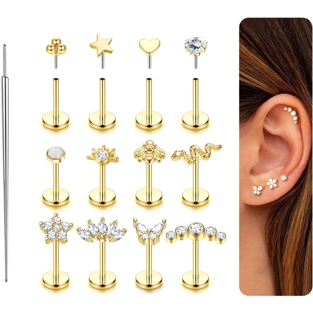 Push In Stud Earrings Golden Plated For Cartilage And Nose Piercing