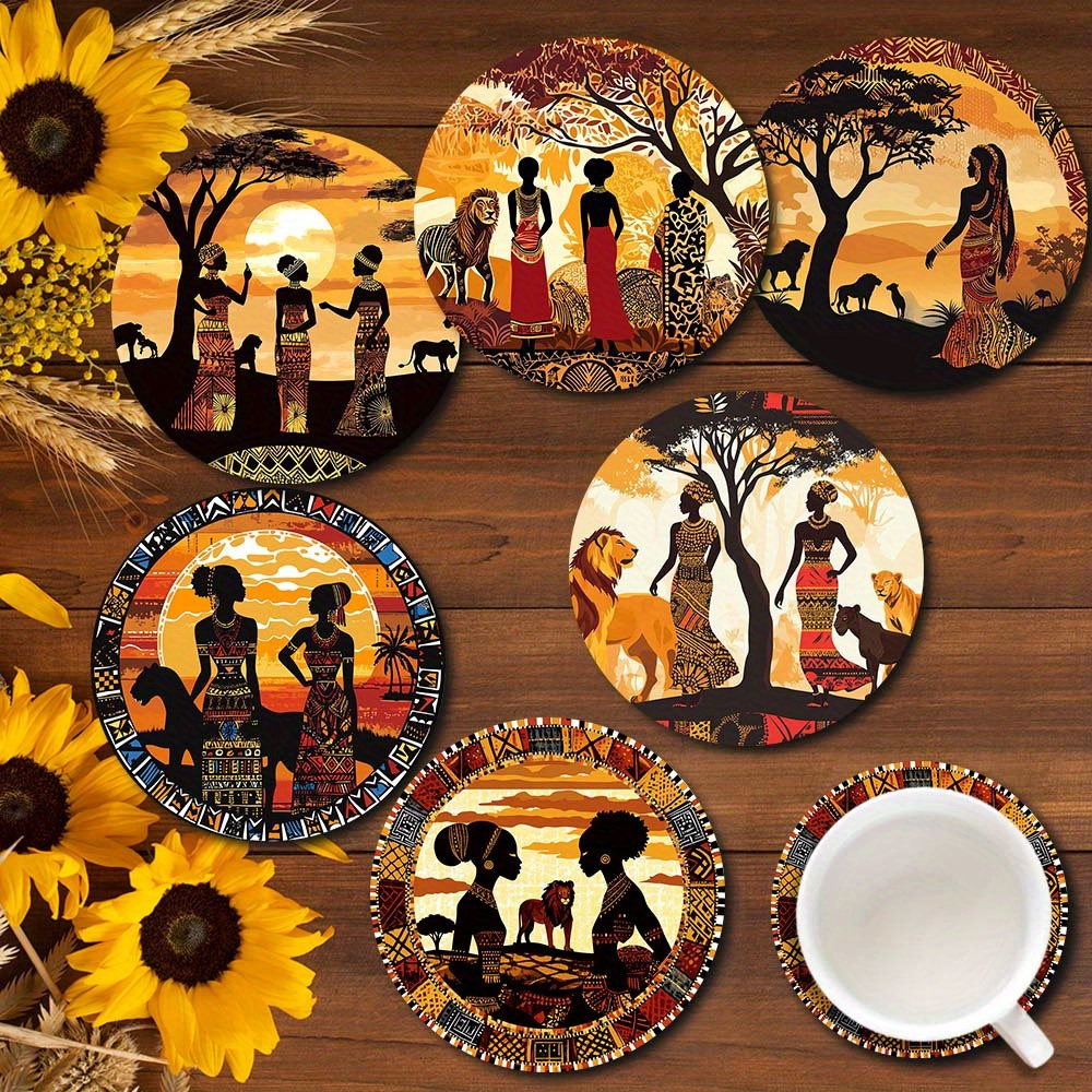 TEMU 2d Flat, 6pcs African Tribal Style Wooden Coasters, 2d Printed African Wildlife Sunset And Lion Silhouette Art, Hand Wash, Suitable For Drinks,