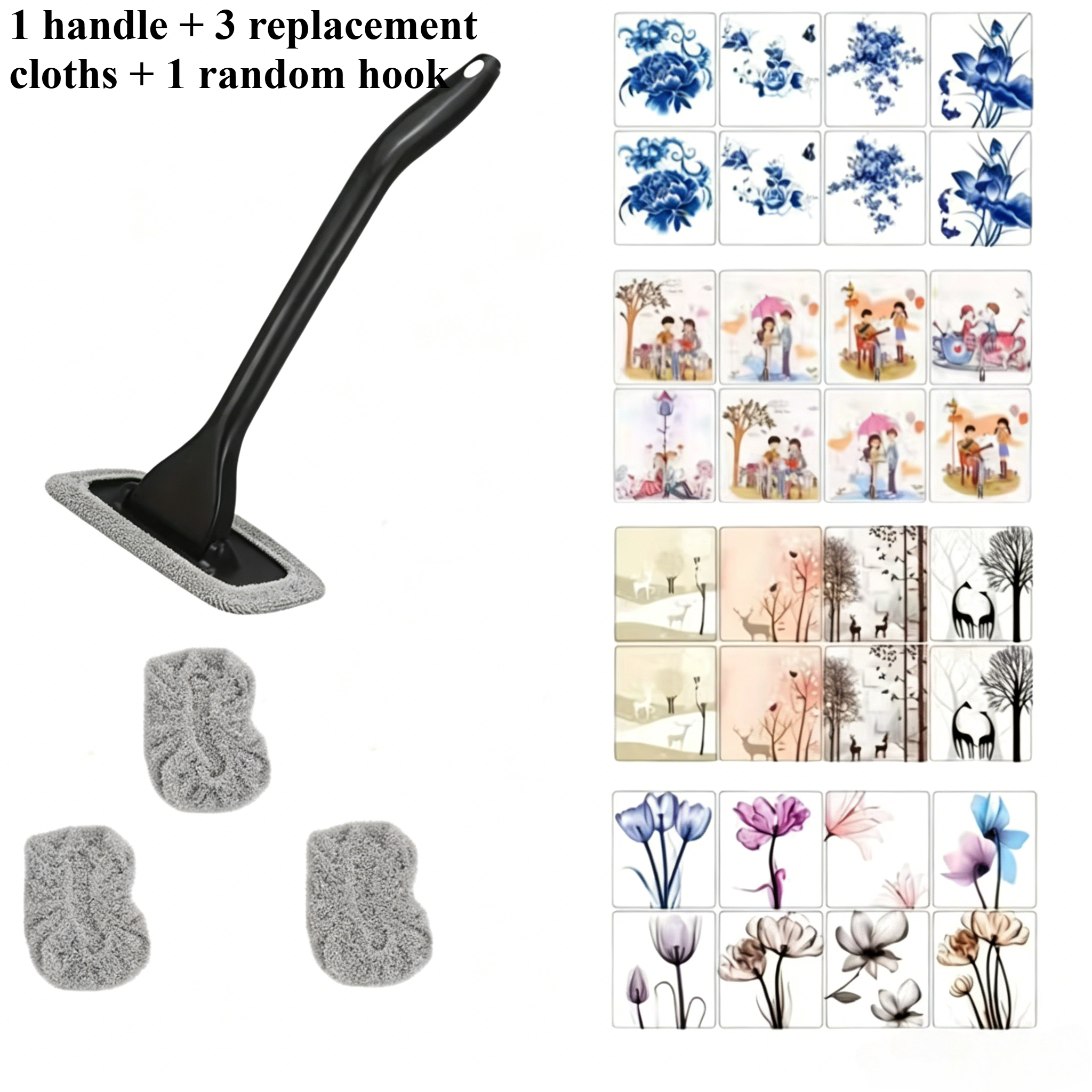 TEMU 1 poignée et 3 chiffons de remplacement et 1 crochet aléatoire, kit de nettoyage multifonctionnel pour vitres de voiture, défogueur de voiture,